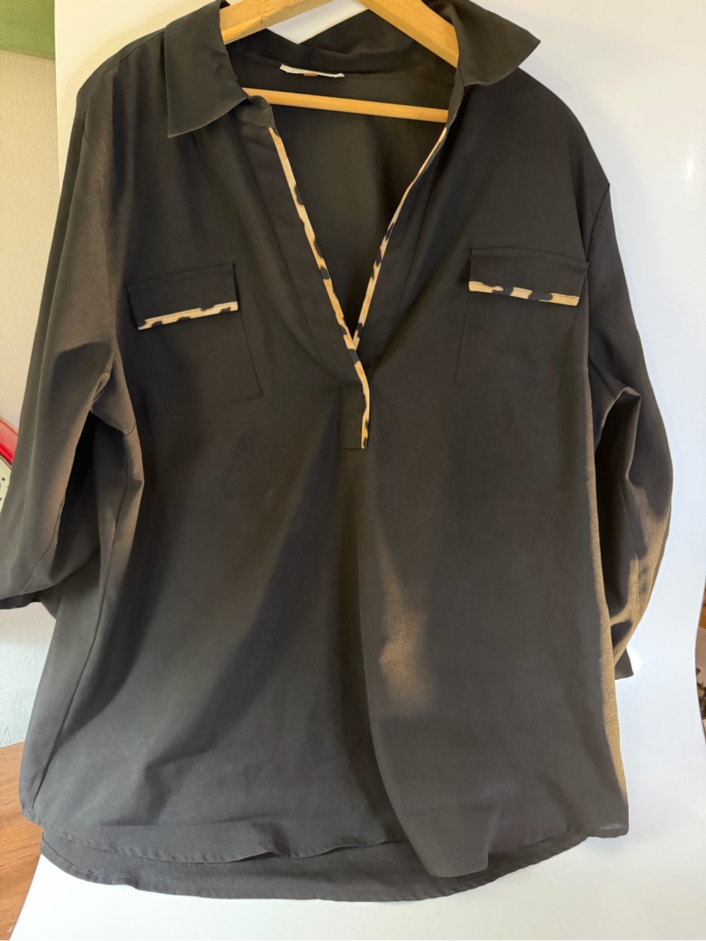 Calvin Klein Black V-Neck Blouse with Leopard Trim - Fits Like L/XL (No Tag)